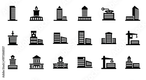 City Skyline Icons, Urban Buildings, Black Silhouettes, Vector Graphics, 20 Cityscape Elements