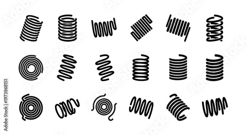 Bild auf Leinwand Spring icons, coil symbols, mechanical springs, black line art, 16 vector graphi