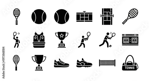 Tennis icons, sports symbols, black vector set, athletic graphics, racket and ball illustrations