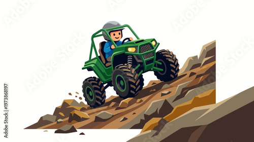 Cartoon boy driving a green buggy up a rocky hill with motion blur and dust