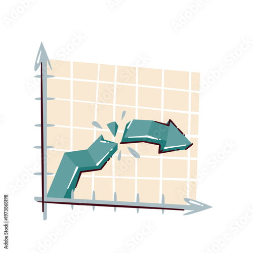 Broken arrow chart with sharp downward turn, showing reversal, loss, fear and sudden market pressure. A visual symbol of trading psychology and unstable momentum, flat vector illustration.