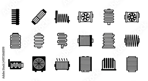 Black and white radiator icons, heating system symbols, 20 vector graphics, industrial design elements, plumbing and HVAC illustrations