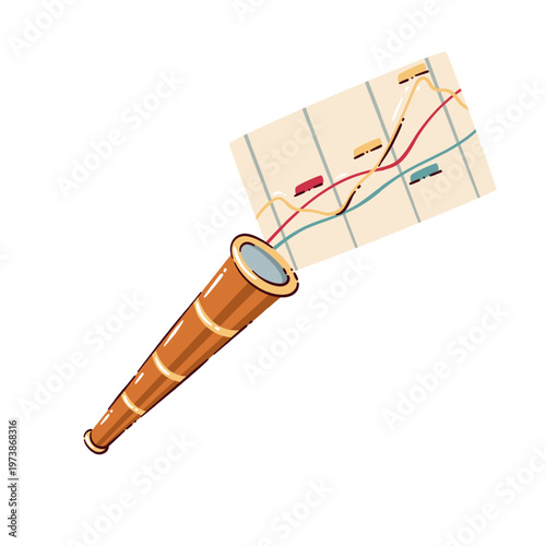 Telescope with market chart, candles and trend lines, showing analysis, foresight and focus before trade. Planning concept tied to trading psychology and trader psychology, flat vector illustration.