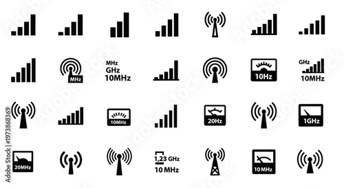 Wireless network, signal, and connectivity icons, 20 black vector graphics, communication symbols, wifi, internet, mobile data