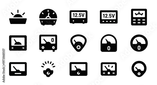 Black car dashboard icons, vehicle gauge set, 15 automotive symbols, speedometer, fuel, voltage
