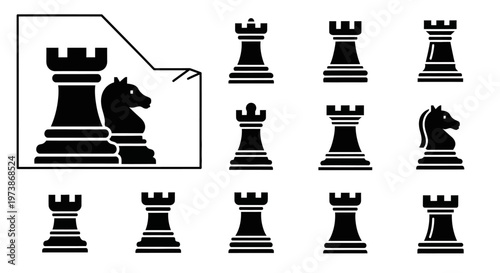 Chess pieces icons, black silhouette set, 13 chess symbols, vector graphics