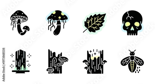Glowing fantasy icons, 8 black vector symbols, eerie illustrations, mystical creatures, fungi, insects, skull