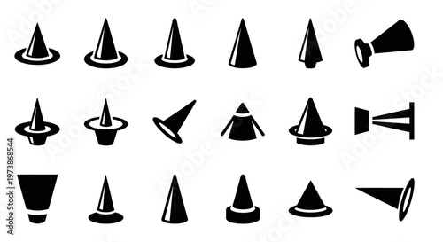 20 Black Traffic Cones, Road Safety Icons, Vector Roadblock Symbols, Construction Warning Signs