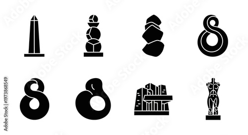 Monument, statue, obelisk, sculpture icons, black silhouette symbols, landmarks, architecture elements, vector graphics