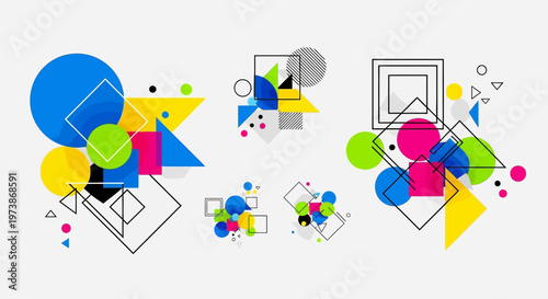 Colorful happy birthday party balloons feature a geometric 3d illustration design with yellow star shapes and origami paper art decoration objects