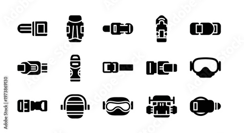 Scuba diving icons, black scuba gear symbols, diving equipment signs, vector graphics
