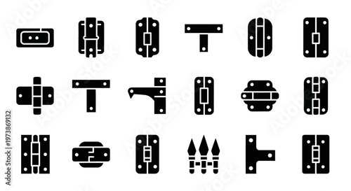 Industrial Hinges, Metal Hinge Icons, Black Silhouette Symbols, 20 Hinge Set, Hardware Elements, Vector Graphic
