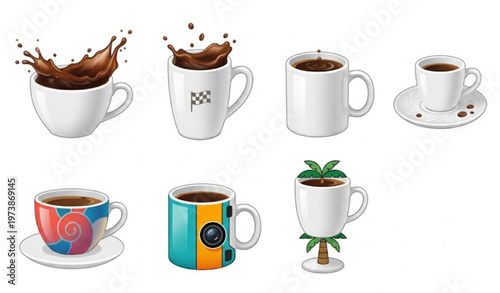 White 3D coffee cup vector set with americano splash drops and saucer realistic drink elements