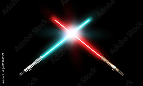 Tableau sur toile New realistic design red and cyan crossed neon swords isolated on black background