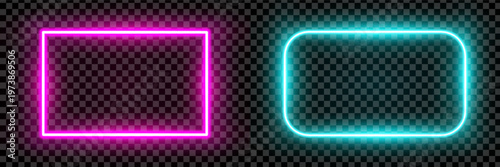 Realistic pink and turquoise rectangle led neon tube frames isolated on transparent background. Light effect photo frame. Detailed vector illustration