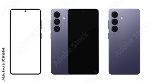 Detailed violet mobile phone with stylus mockup. Front and rear view isolated on transparent background. Vector PNG