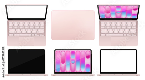 Photorealistic detailed pink notebook mockup. Front, rear and opened view of notebook with keyboard isolated on transparent background. Vector illustration