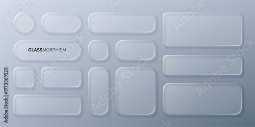 Set of glass morphism UI elements with frosted transparent effect. Vector buttons and panels for modern interface design. Minimalist frosted glass shapes for digital application layout.