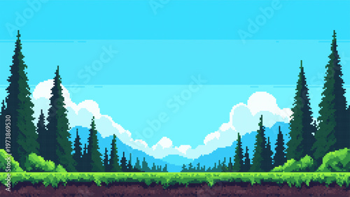 Pixel art landscape with forest mountain and sky. Retrogaming style platformer game background. Side scrolling environment for video game design, digital outdoor nature scenery illustration.
