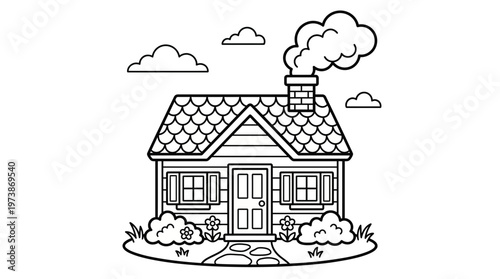 Cozy House with Smoking Chimney Coloring Page for Families Home and Comfort. transparent.