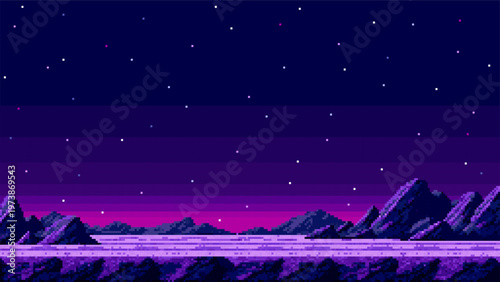Pixel art landscape with starry night sky over dark mountains and desert. Retro video game background of alien planet at dusk. Digital fantasy environment for game level design project.