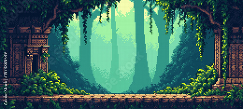 Pixel art jungle background with ancient temple ruins among tropical trees. Retro video game platformer level design. Digital landscape with stone architecture and climbing plants.