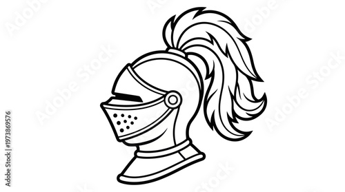 Knight's Helmet with Feather Detail Coloring Page for Kids Medieval Adventure. transparent.
