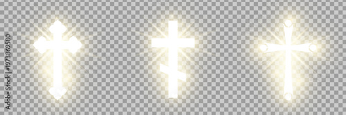 Shining gold Riligious symbols pack isolated on transparent background. Orthodox and Catholic cross. Glowing Saint cross. Easter and Christmas sign. Vector illustration