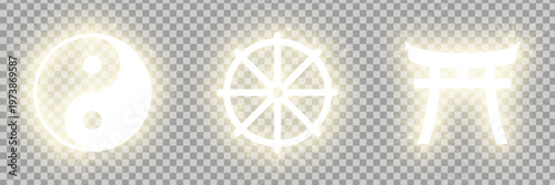 Shining gold Riligious symbols pack isolated on transparent background: Yin and Yang (Taoism sign), Wheel of Dharma (Buddhism sign), Tori Gate (Shinto sign). Vector illustration