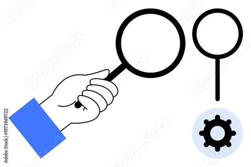 Search process. A hand holding a magnifying glass with a settings icon search, research, and optimization. Search helps uncover solutions and improve efficiency. Perfect for technology, business