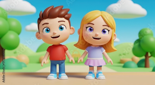 happy children standing in park.