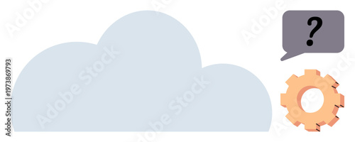 Cloud storage, troubleshooting, digital services, networking, problem solving, system integration. A cloud, gear and question mark speech bubble. Cloud storage and troubleshooting