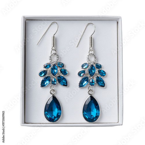 Elegant blue gemstone earrings displayed inside a white jewelry box