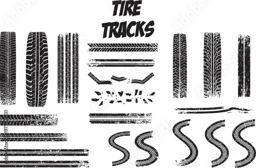 Tire tracks and skid marks grunge vector set. Dynamic collection of diverse tire tracks and skid marks, perfect for automotive, racing, and grunge design projects, showcasing road vehicle imprints