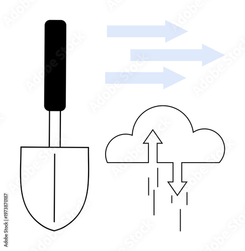 Gardening concept. Gardening with a shovel next to cloud, wind, and rain symbols. Gardening focuses on nature-related activities and climate influences. For sustainability, farming, weather apps