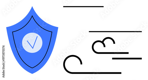 Online security, data privacy, digital protection, cybersecurity, quality assurance, secure systems. A shield with checkmark and wind lines. Data privacy and online security concept