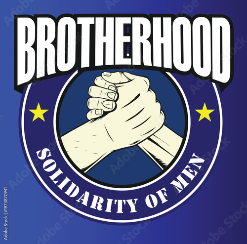Brotherhood solidarity emblem with clasped hands, unity symbol, teamwork badge, strength concept, partnership logo, friendship, support, community, trust design