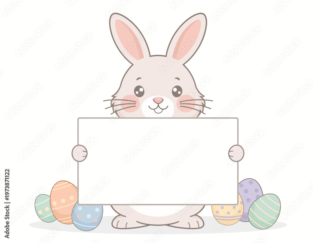 Obraz premium Cute Easter bunny holding a blank board sign with copy space and decorated eggs. A perfect design for Easter-themed messages and celebrations. Cute easter bunny illustration vector.