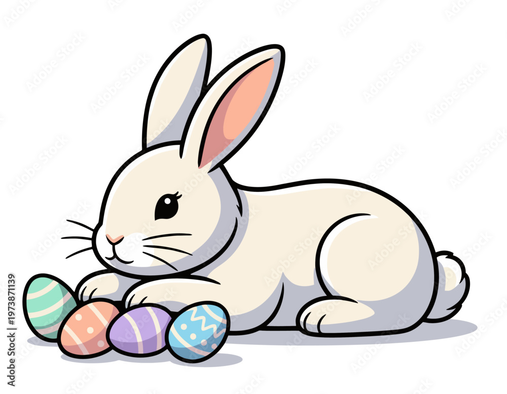 Fototapeta premium Cute easter bunny with painted eggs. This adorable bunny is surrounded by colorful Easter eggs. Cute easter bunny illustration vector.