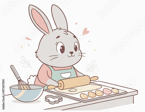 A rabbit is baking with a rolling pin and mixing bowl on the counter. Cute easter bunny illustration vector.