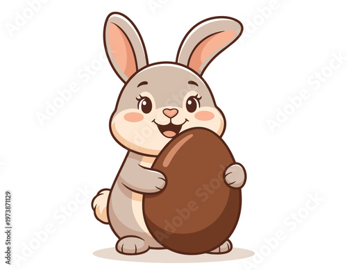 Cute cartoon rabbit holding a large chocolate egg. Cute easter bunny illustration vector.