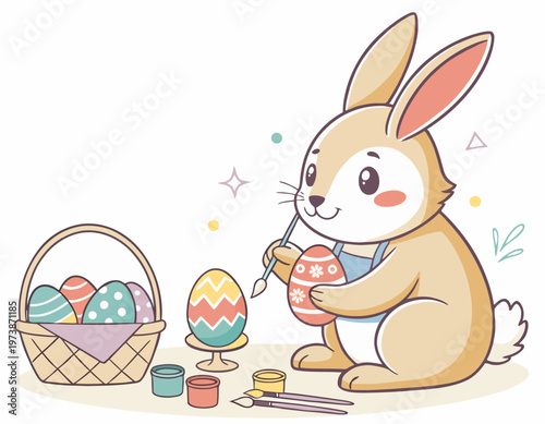 A cute cartoon Easter bunny wearing an apron, happily painting a decorated Easter egg with a paintbrush, surrounded by other colorful eggs and art supplies.