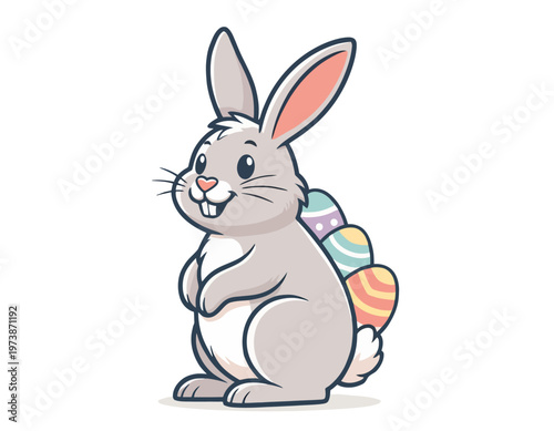 A cute cartoon grey Easter bunny with colorful eggs on its back, smiling happily, on a white background.