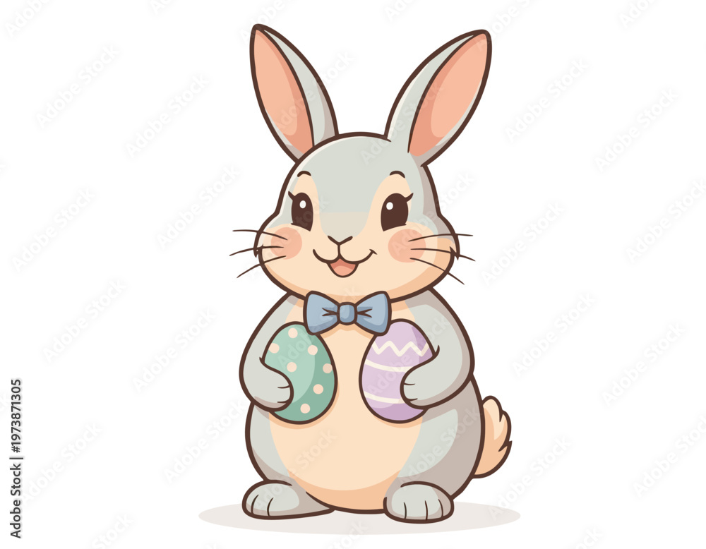Fototapeta premium A cute cartoon Easter bunny wearing a blue bow tie and holding two decorated pastel eggs, ready for a holiday celebration. Cute easter bunny vector.