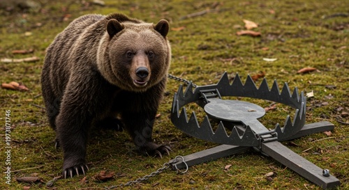 Brown bear and metal trap.