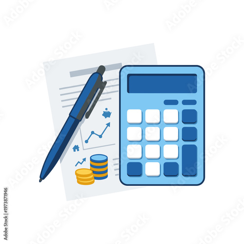 Calculator with pen and financial report document
