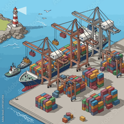 Busy Port Scene with Cranes, Ships, and Cargo Containers.