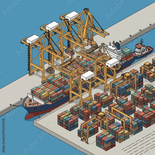Busy Port Scene - Cranes, Containers, and Cargo Ship.