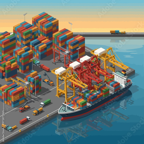 Isometric Illustration of a Busy Container Port with Ship and Cranes.