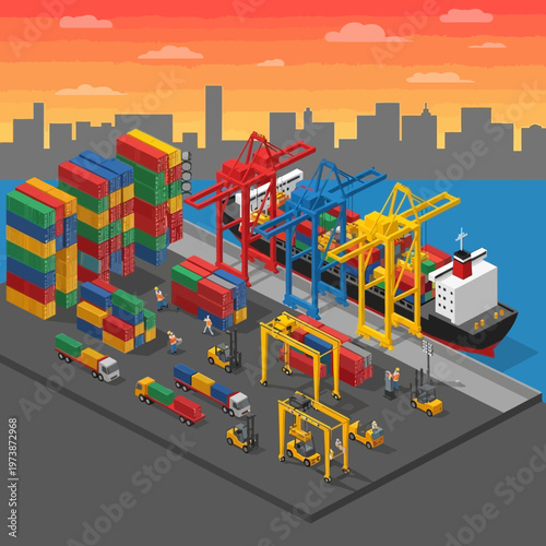 Isometric Port Scene - Cargo Ship, Cranes, and Container Handling.
